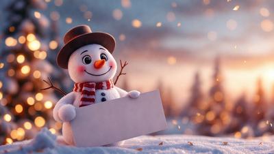 Primary subject: A snowman holding a sign.

Setting/background: A snowy environment with trees in the background.

Visual style: Digital art.

Colors and mood: The image is in color, with a warm and festive atmosphere.